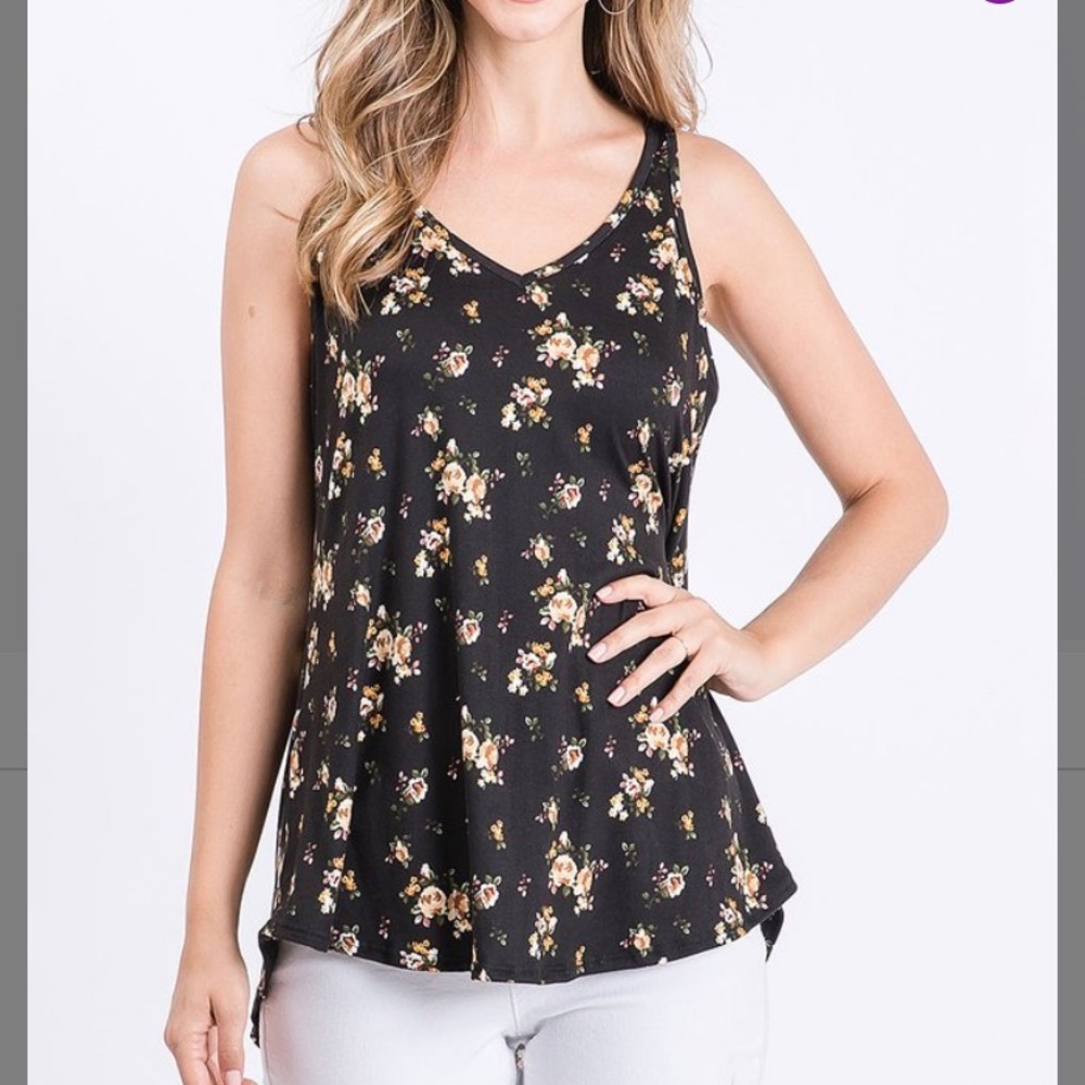 Black & Mocha Ditzy Floral V-Neck Tank, M